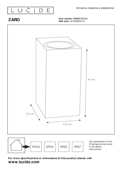 Lucide ZARO - Wall spotlight / Wall light Indoor/Outdoor - 2xGU10 - IP44 - White - technical